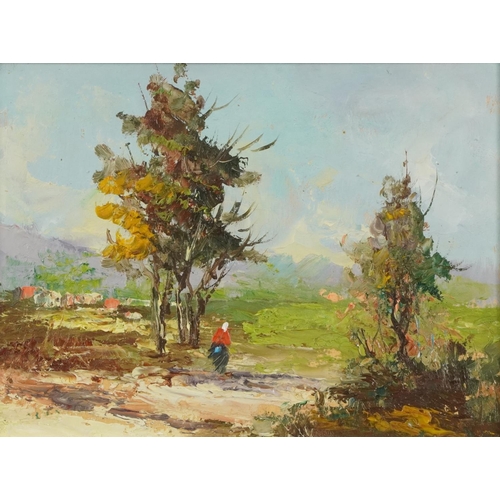 642 - Figure beside a tree, European school Impressionist oil, mounted, framed and glazed, 22.5cm x 16.5cm... 