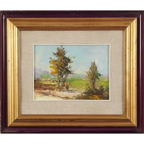 642 - Figure beside a tree, European school Impressionist oil, mounted, framed and glazed, 22.5cm x 16.5cm... 