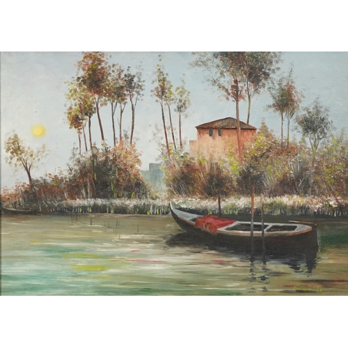 2504 - Fantata - Fishing boat in water, continental school oil on board, framed, 64cm x 45cm excluding the ... 