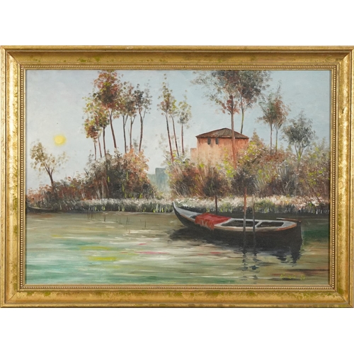 2504 - Fantata - Fishing boat in water, continental school oil on board, framed, 64cm x 45cm excluding the ... 