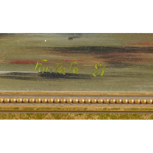 2504 - Fantata - Fishing boat in water, continental school oil on board, framed, 64cm x 45cm excluding the ... 