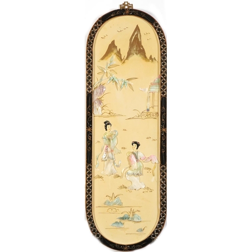 2288 - Pair of Chinese black lacquered and mother of pearl wall plaques decorated in low relief with Geisha... 