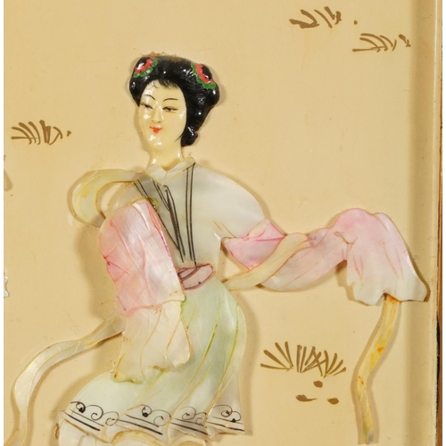 2288 - Pair of Chinese black lacquered and mother of pearl wall plaques decorated in low relief with Geisha... 