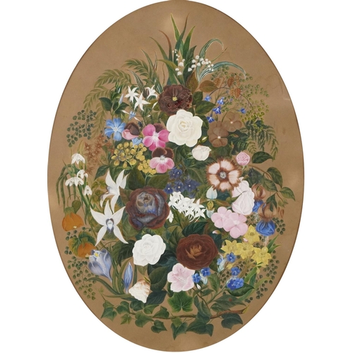 2178 - E C Oberton 1874 - Still life flowers, 19th century oval heightened watercolour, framed and glazed, ... 