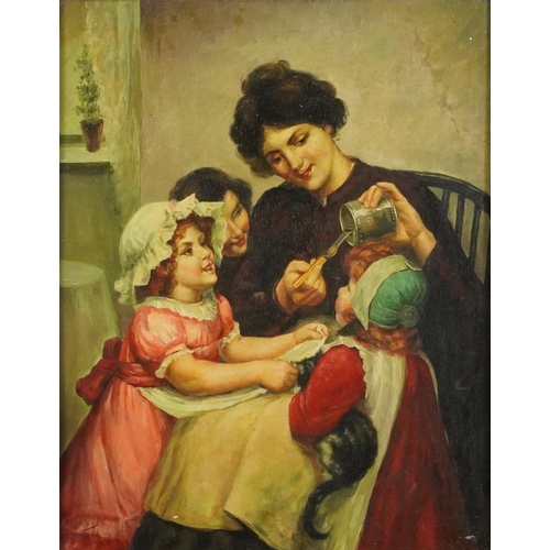 2211 - Mother with children in an interior, Pre-Raphaelite school oil, framed and glazed, 50cm x 39.5cm exc... 