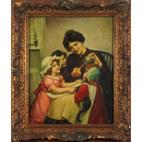 2211 - Mother with children in an interior, Pre-Raphaelite school oil, framed and glazed, 50cm x 39.5cm exc... 