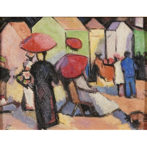 641 - After John Duncan Fergusson - Beach scene, Scottish Colourist school oil, framed, 46cm x 35.5cm excl... 