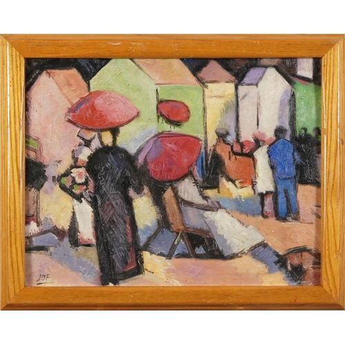 641 - After John Duncan Fergusson - Beach scene, Scottish Colourist school oil, framed, 46cm x 35.5cm excl... 