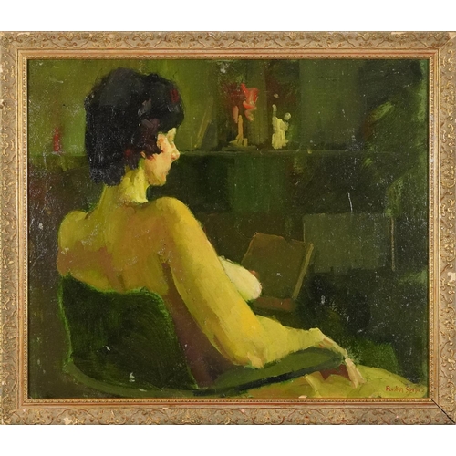 2209 - Manner of Ruskin Spear - Nude female, Post-war British oil on board, framed, 59.5cm x 49.5cm excludi... 