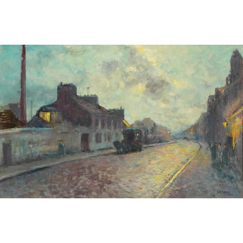 534 - Manner of Philip Naviasky - Street scene at dusk, Post-war British oil on board, mounted and framed,... 