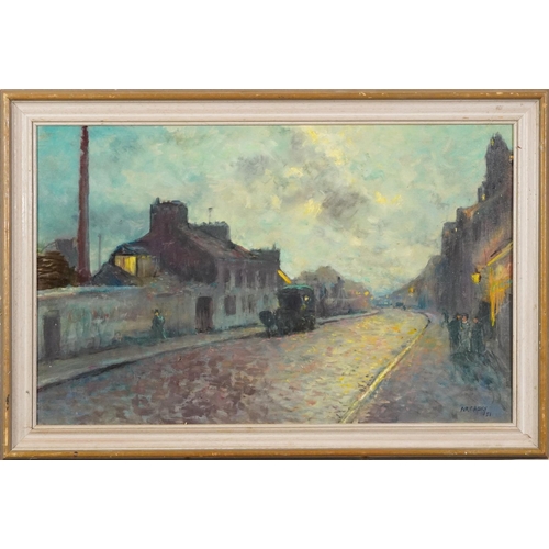 534 - Manner of Philip Naviasky - Street scene at dusk, Post-war British oil on board, mounted and framed,... 