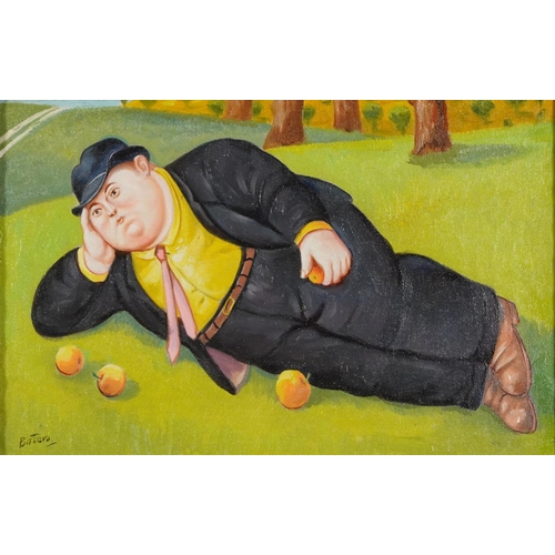 445 - Manner of Fernando Botero - Man in a field with four oranges, Italian Impressionist oil on board, mo... 