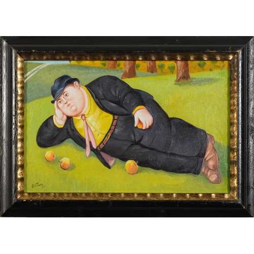 445 - Manner of Fernando Botero - Man in a field with four oranges, Italian Impressionist oil on board, mo... 