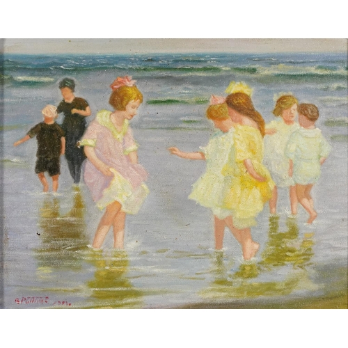 643 - Beach scene with children paddling, Italian school oil on board, framed, 34cm x 27cm excluding the f... 