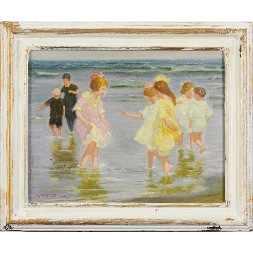 643 - Beach scene with children paddling, Italian school oil on board, framed, 34cm x 27cm excluding the f... 