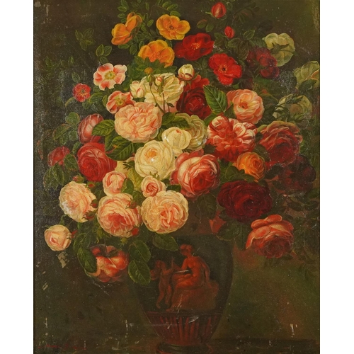 2179 - Still life flowers in a vase, Old Master school oil on board, framed, 58.5cm x 47cm excluding the fr... 