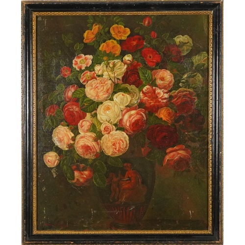 2179 - Still life flowers in a vase, Old Master school oil on board, framed, 58.5cm x 47cm excluding the fr... 