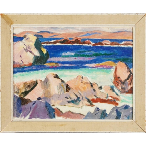 112 - Manner of Francis Campbell Boileau Cadell - Iona coastal scene, Scottish Colourist school oil, inscr... 