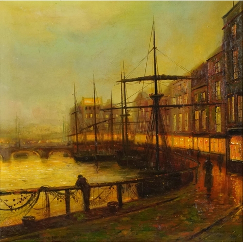 2098 - After John Atkinson Grimshaw - Harbour scene, 19th century style oil on board, mounted and framed, 5... 