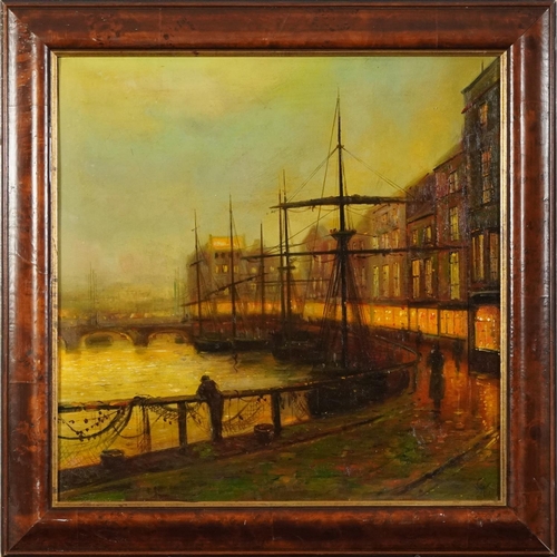 2098 - After John Atkinson Grimshaw - Harbour scene, 19th century style oil on board, mounted and framed, 5... 