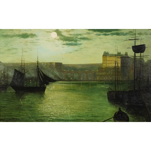 501 - Moonlit harbour scene - 19th century oil on board, mounted and framed, 79cm x 49cm excluding the mou... 