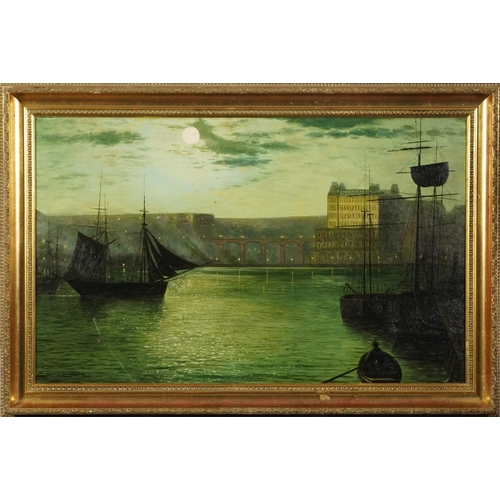 501 - Moonlit harbour scene - 19th century oil on board, mounted and framed, 79cm x 49cm excluding the mou... 