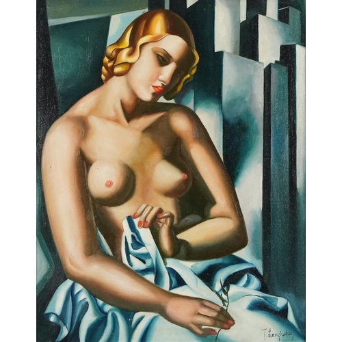 2025 - Manner of Tamara de Lempicka - Portrait of a semi nude Art Deco female, Polish school oil on board, ... 