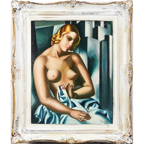 2025 - Manner of Tamara de Lempicka - Portrait of a semi nude Art Deco female, Polish school oil on board, ... 