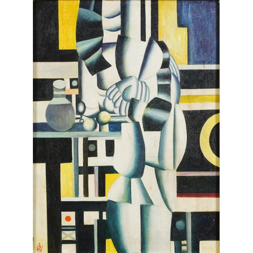 224 - After Fernand Leger - Abstract composition, French Cubist school oil on board, mounted and framed, 5... 