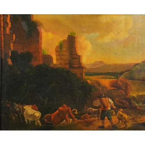 566 - Farm with cattle before ruins, continental school oil, mounted and framed, 66.5cm x 54cm excluding t... 