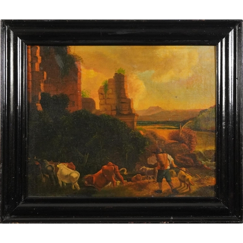 566 - Farm with cattle before ruins, continental school oil, mounted and framed, 66.5cm x 54cm excluding t... 