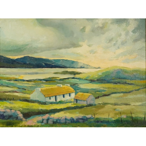 503 - Manner of Maurice C Wilks - Landscape with cottages, Irish school oil on board, inscribed verso, mou... 