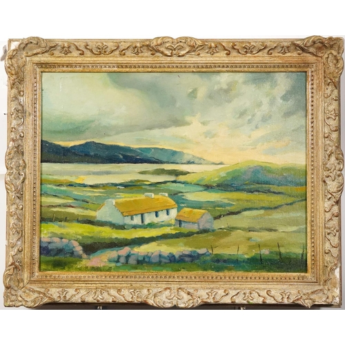 503 - Manner of Maurice C Wilks - Landscape with cottages, Irish school oil on board, inscribed verso, mou... 