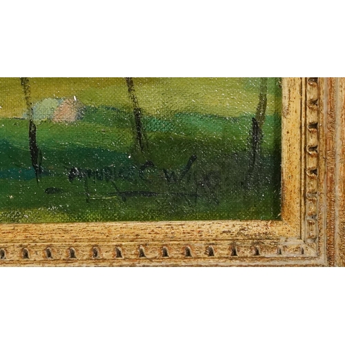 503 - Manner of Maurice C Wilks - Landscape with cottages, Irish school oil on board, inscribed verso, mou... 