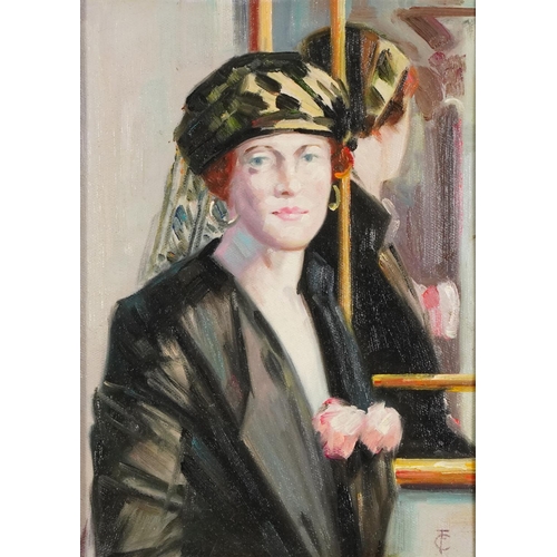 2010 - Female wearing a black jacket in an interior, post-war British Primrose school oil on board, mounted... 