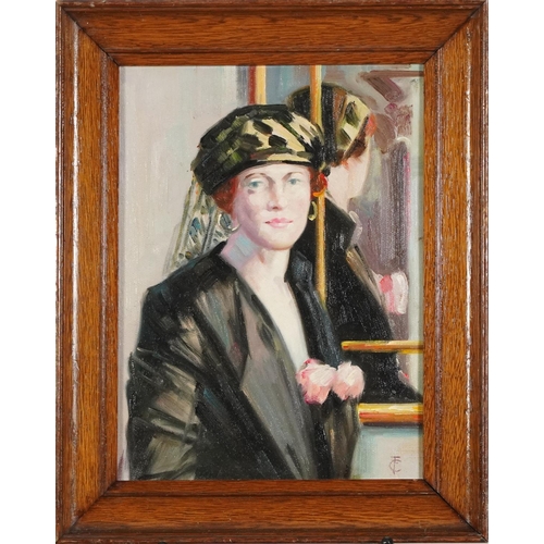 2010 - Female wearing a black jacket in an interior, post-war British Primrose school oil on board, mounted... 