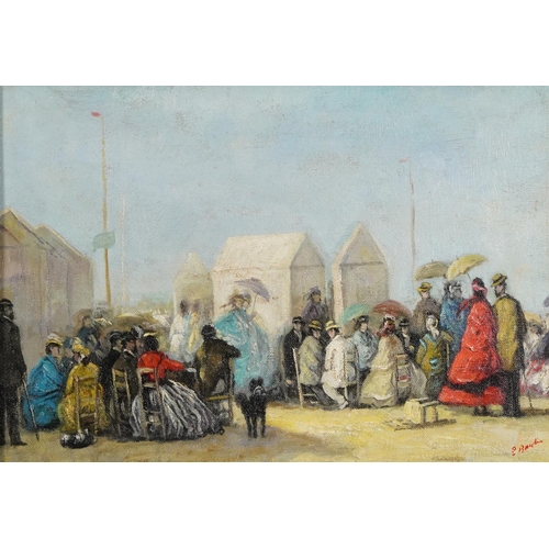 686 - After Eugene Boudin - Busy beach scene, French Impressionist oil on board, 35.5cm x 24.5cm excluding... 