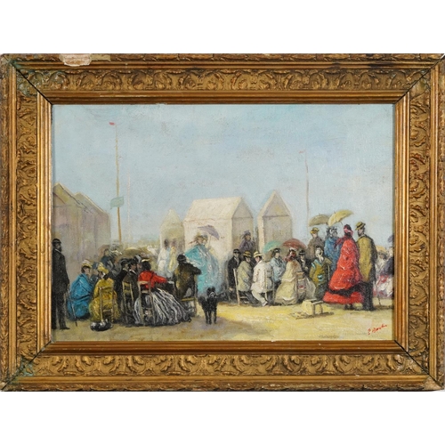 686 - After Eugene Boudin - Busy beach scene, French Impressionist oil on board, 35.5cm x 24.5cm excluding... 