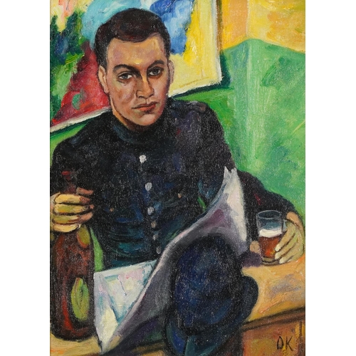 538 - Portrait of a man in an interior, post-war British oil on board, mounted and framed, 30.5cm x 22cm e... 