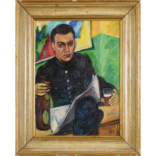 538 - Portrait of a man in an interior, post-war British oil on board, mounted and framed, 30.5cm x 22cm e... 