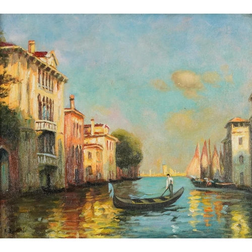 2320 - After Antoine Bouvard - Venetian canal with gondola, Italian impressionist oil on board, mounted and... 