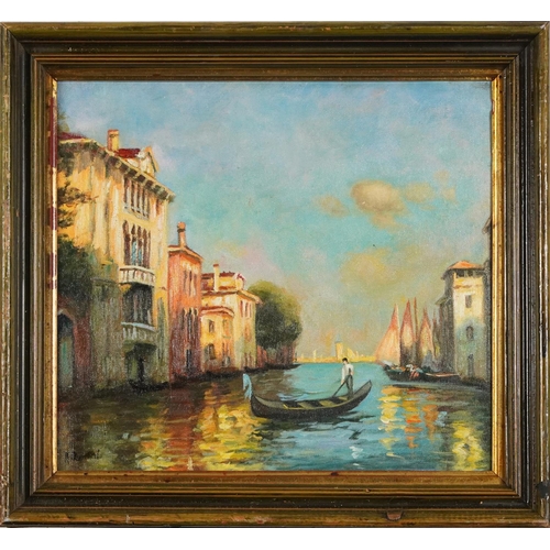 2320 - After Antoine Bouvard - Venetian canal with gondola, Italian impressionist oil on board, mounted and... 