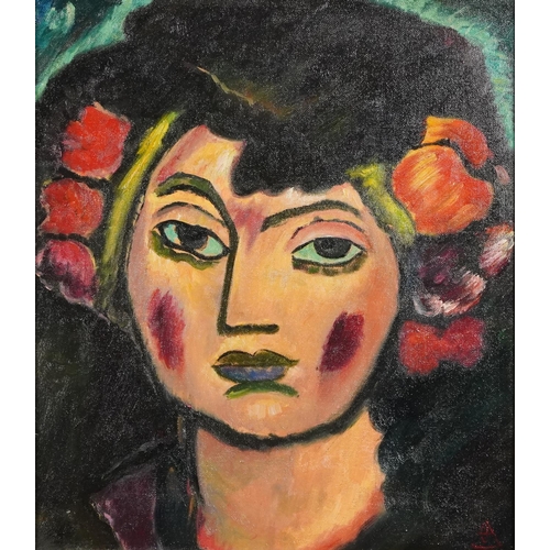 267 - Portrait of a female wearing flowers in her hair, continental school post-war oil on board, 40.5cm x... 