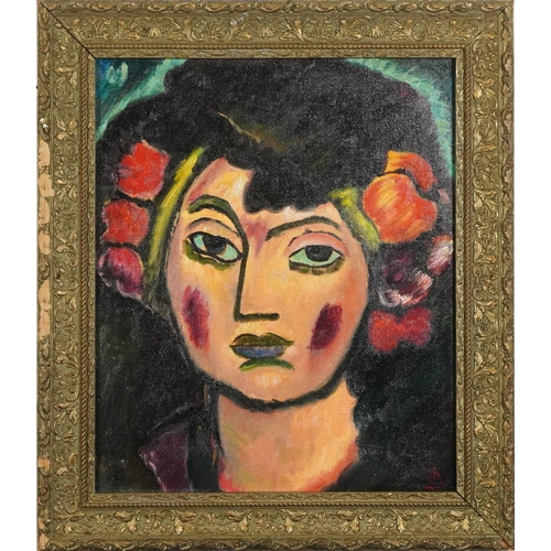 267 - Portrait of a female wearing flowers in her hair, continental school post-war oil on board, 40.5cm x... 