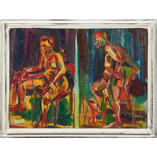 386 - Manner of Elizabeth Frink - Nude male and females in an interior, Camden school oil on board, framed... 