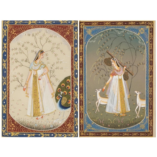 467 - Ragina Vasanta, pair of Indian Bundi school watercolours on silk, mounted and framed, one glazed, ea... 