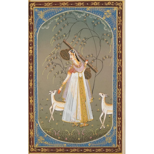 467 - Ragina Vasanta, pair of Indian Bundi school watercolours on silk, mounted and framed, one glazed, ea... 