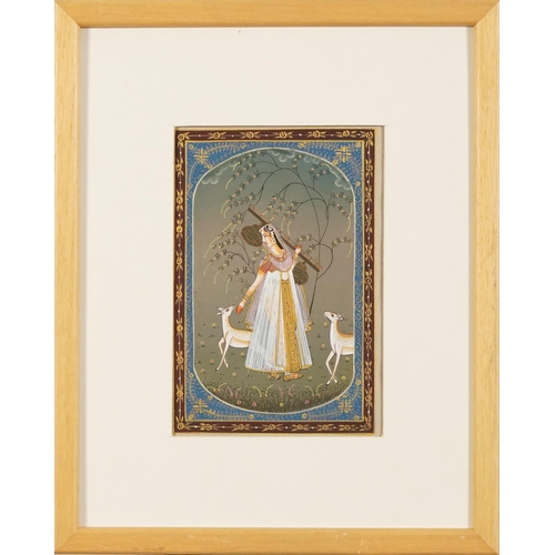 467 - Ragina Vasanta, pair of Indian Bundi school watercolours on silk, mounted and framed, one glazed, ea... 