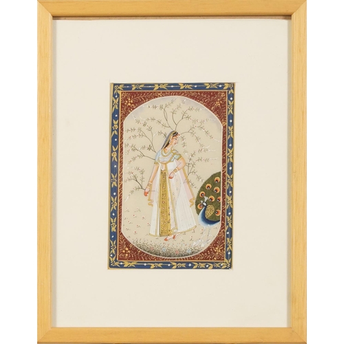 467 - Ragina Vasanta, pair of Indian Bundi school watercolours on silk, mounted and framed, one glazed, ea... 