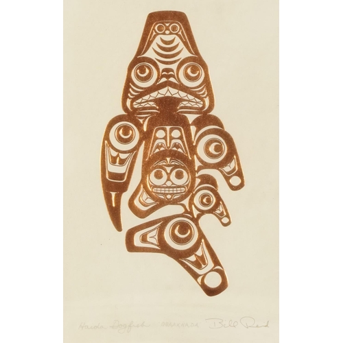 563 - Bill Reid - Haida Dogfish, Canadian gilt embossed print, details verso, mounted, framed and glazed, ... 